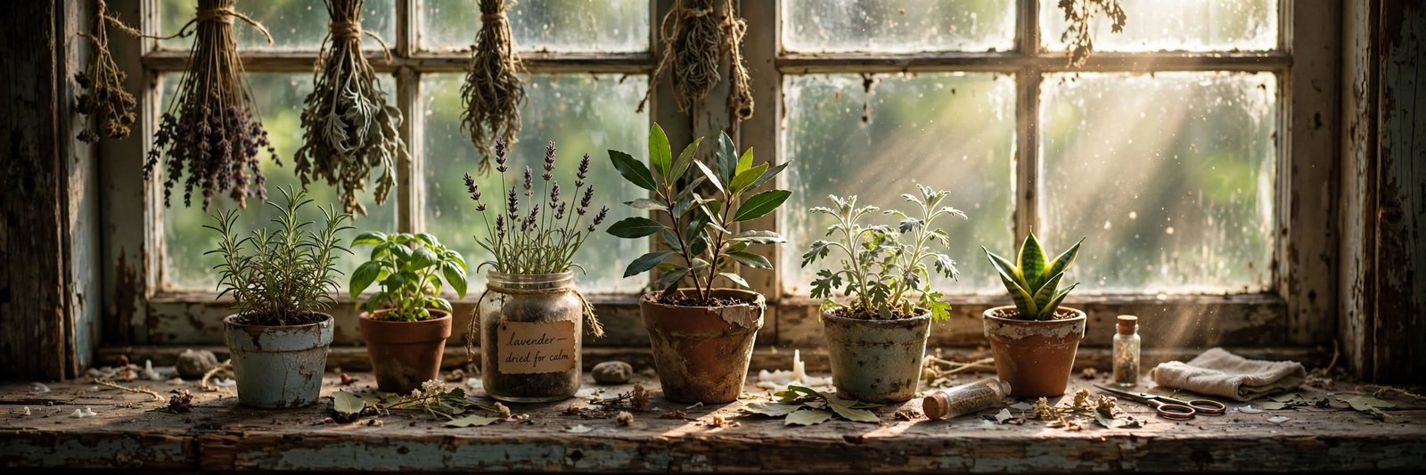 Lush herbs and folk magic plants arranged as a home apothecary — rosemary, mugwort, lavender, and bay laurel for protection, healing, and spirit work