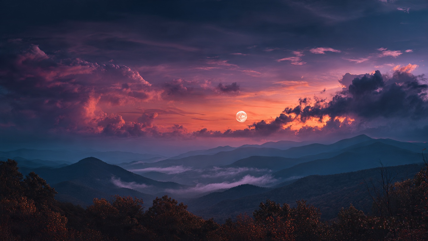Full Strawberry Moon rising over a quiet summer landscape