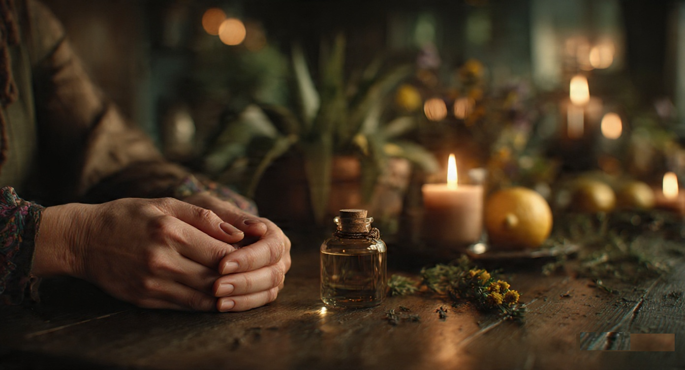 Small roller bottle on a wooden surface surrounded by lemon, aloe, and herbs in soft candlelight