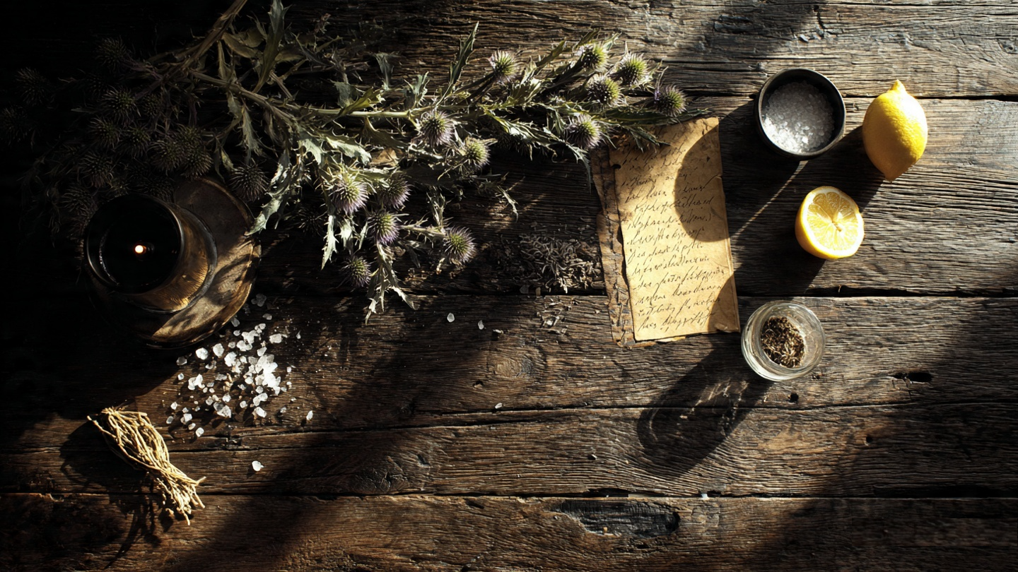 Hands working at a ritual table scattered with thorns and herbs, Appalachian folk magic for breaking a binding