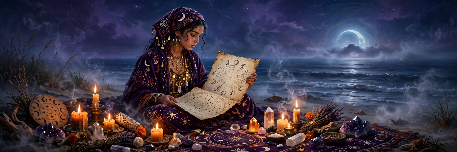 Two zodiacs against a night sky, sun and moon in balance
