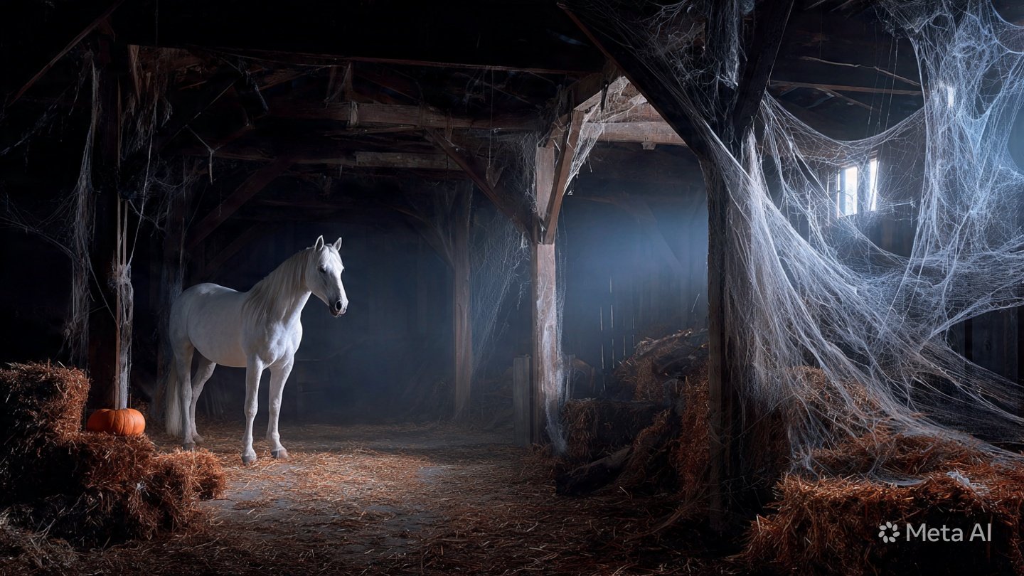 An old barn corner with light falling through the boards, a spider's web catching the sun