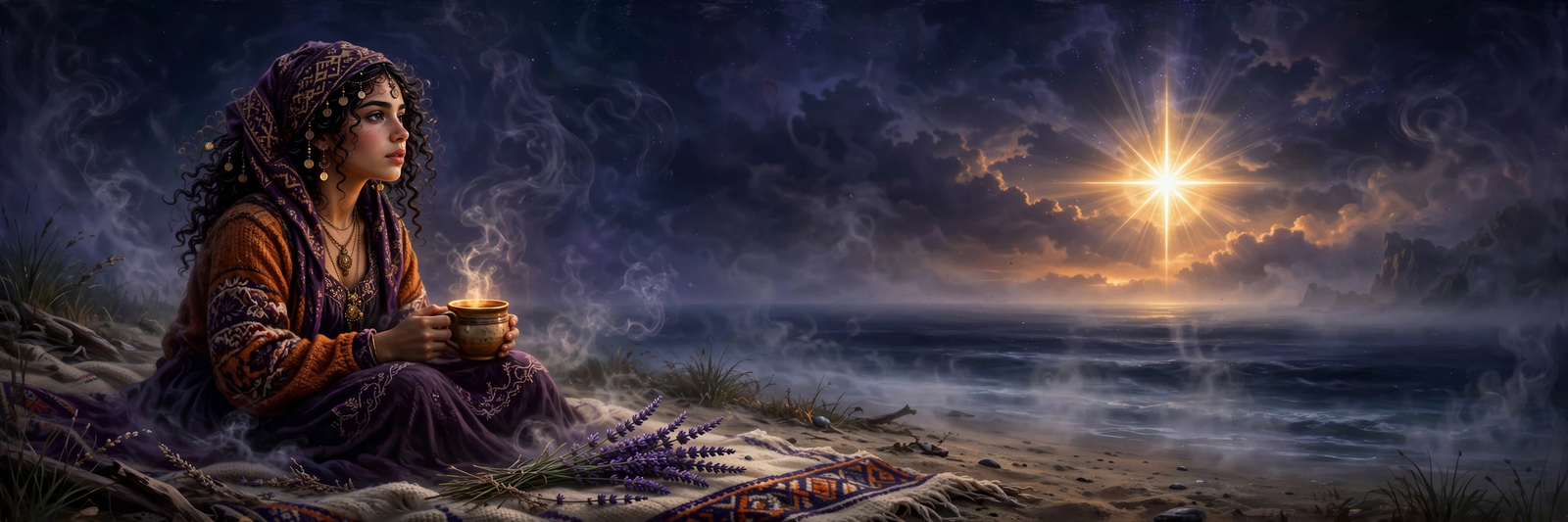 Amethyst, lavender, and tea laid beside the Star card for a slow magic ritual