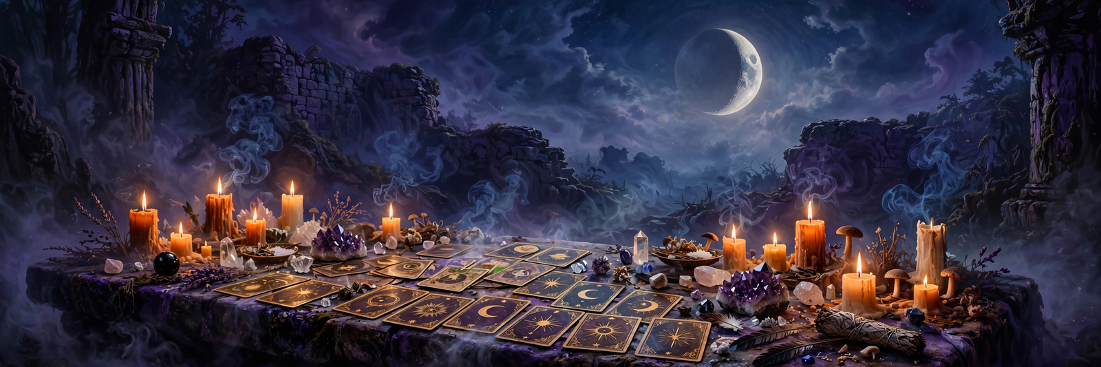 Orange candle burning beside a tarot deck, flame lighting the dark