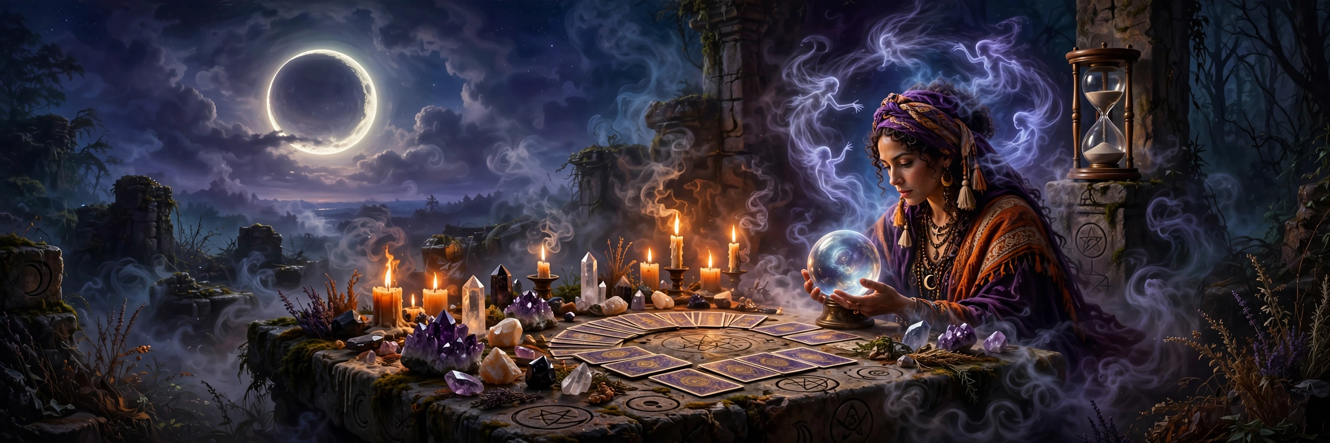 High Priestess at the veil between worlds, candlelight and cards