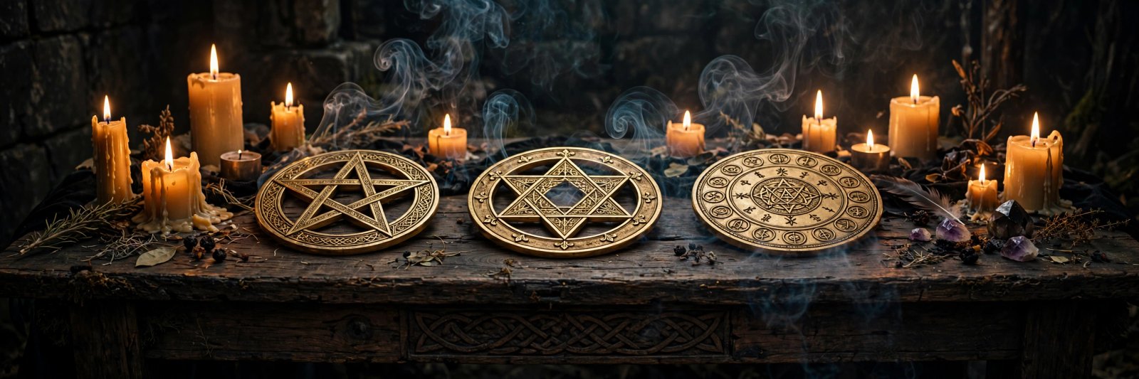 Pentacle, Star of David, and Seal of Solomon symbols side by side