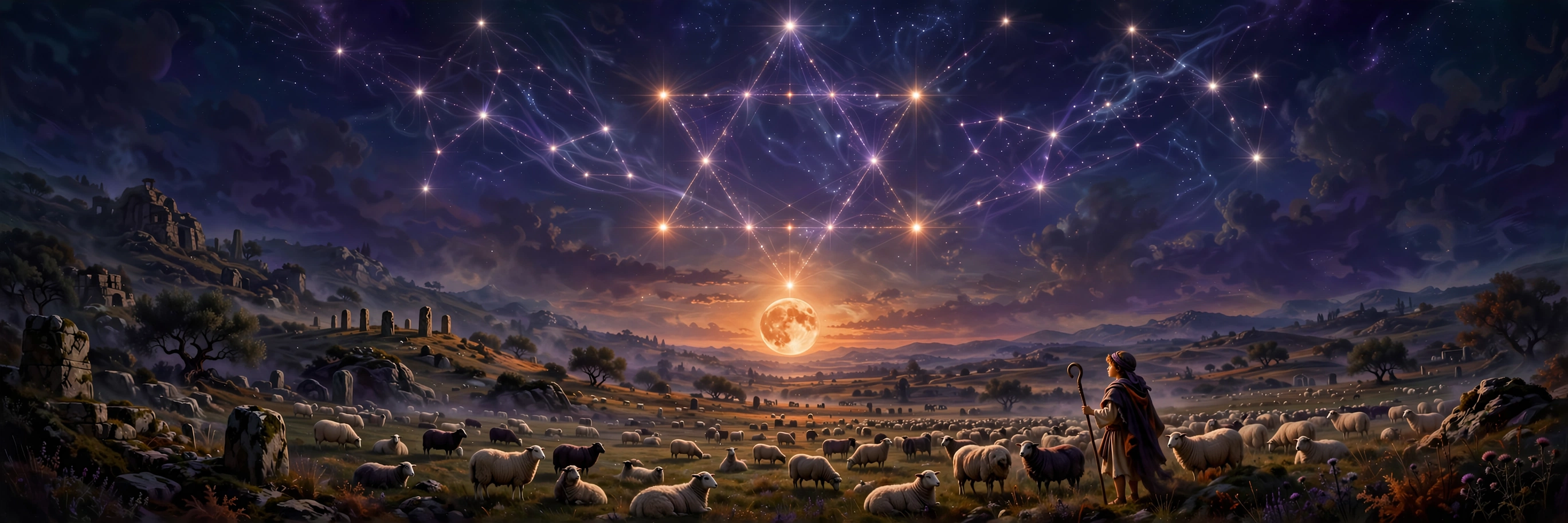 A six-pointed star traced by planets over a dark night sky and moon