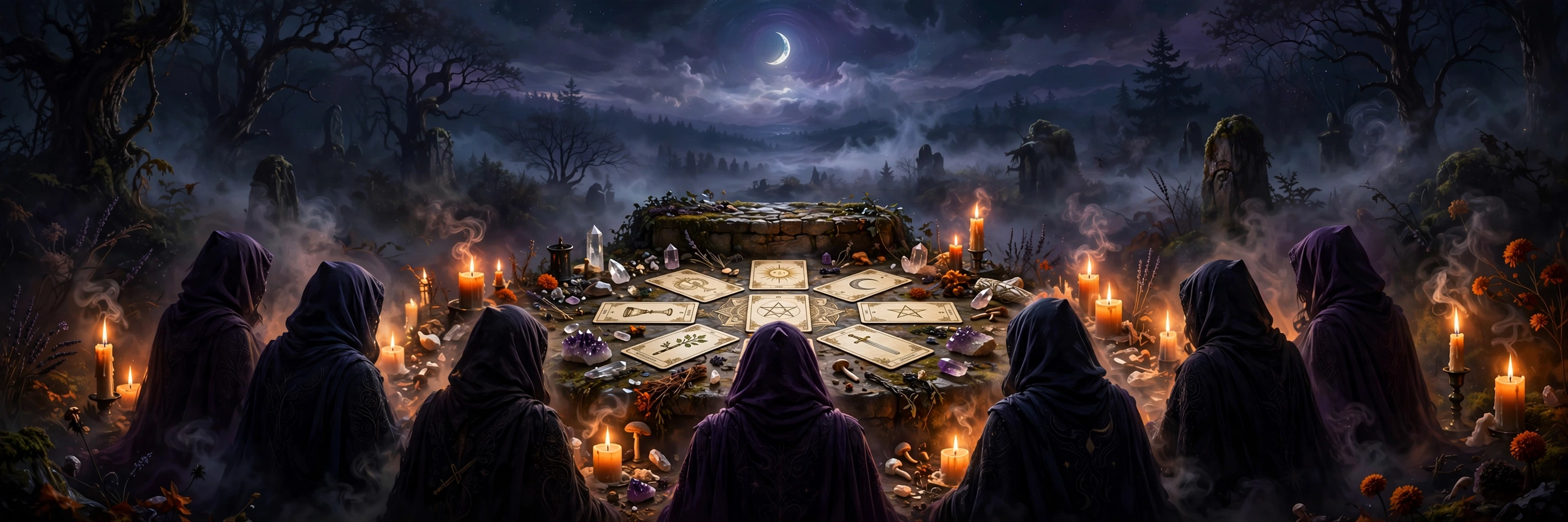 A wheel of tarot cards radiating outward from a single center card like a mandala