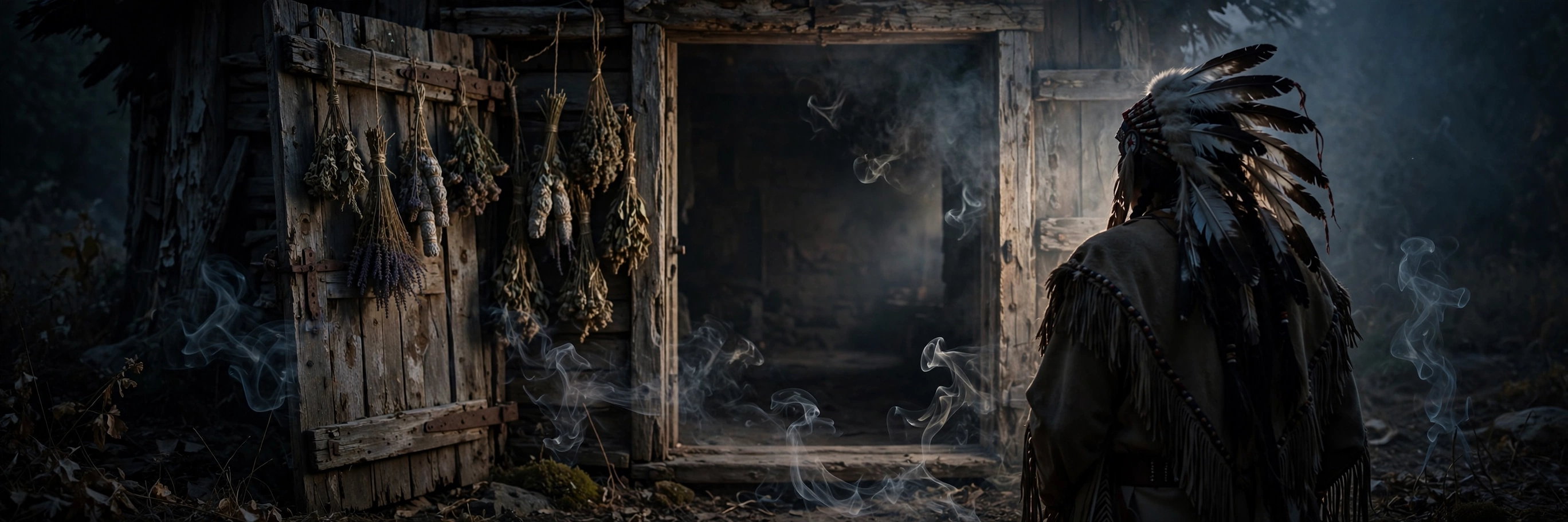 Open doorway at dusk with thin smoke drifting past, dried herbs hanging near the frame
