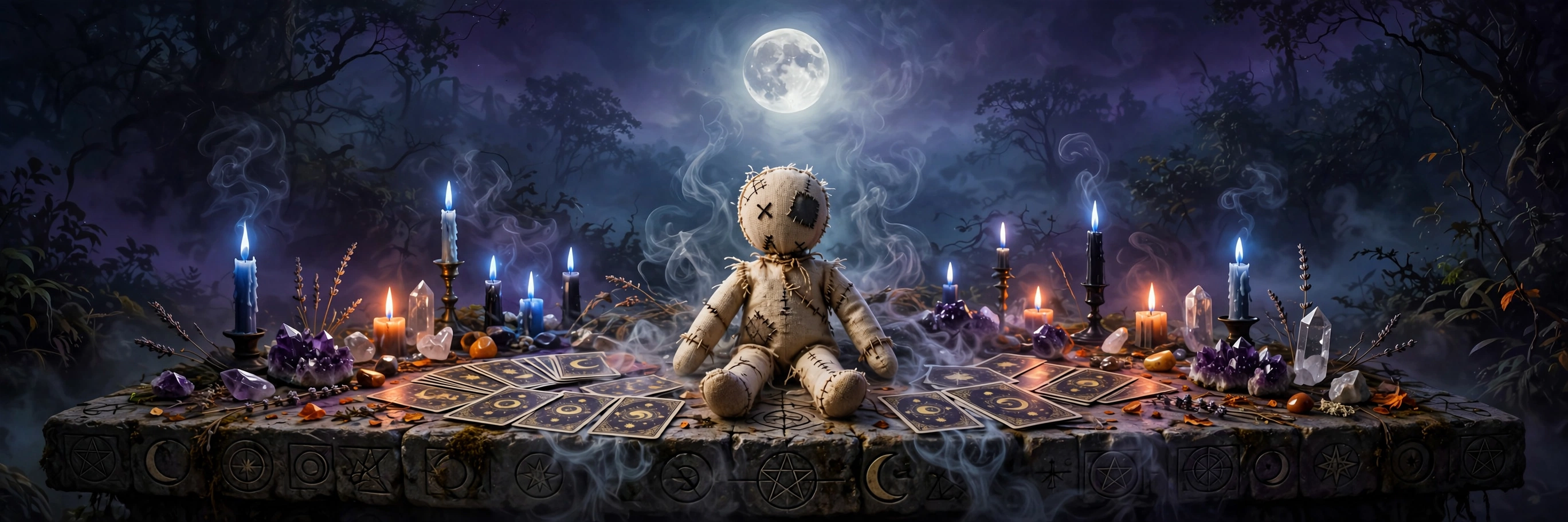 A handmade paper poppet beside a lit blue candle and healing herbs