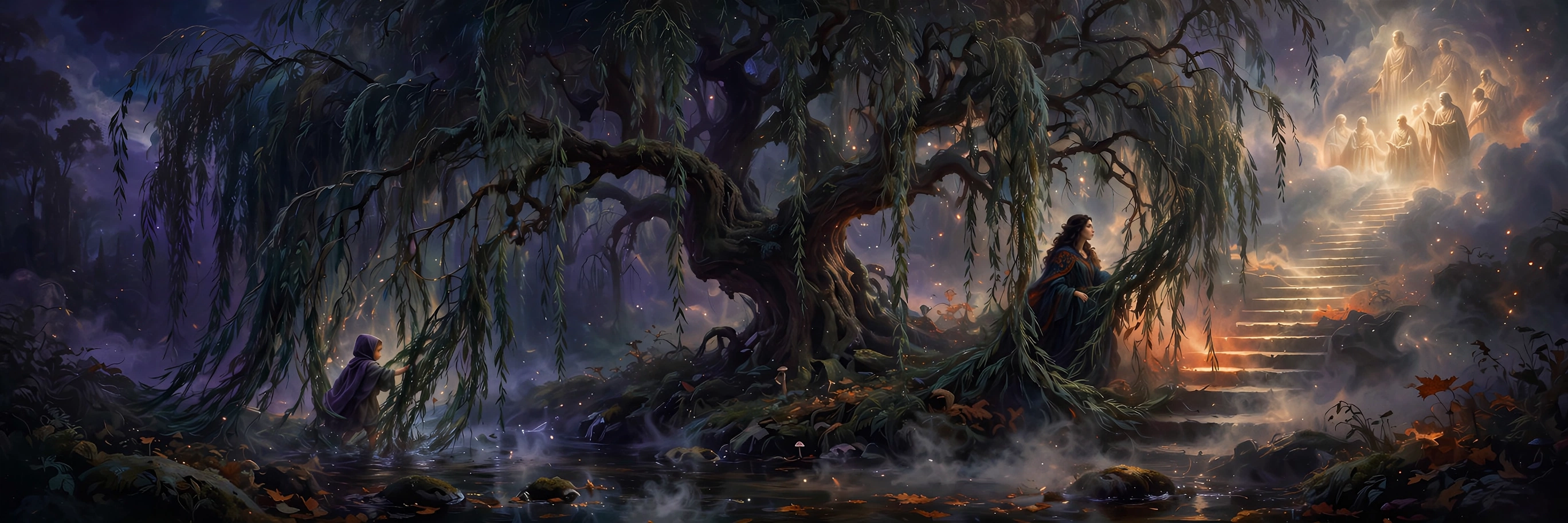 A willow tree by a creek under a starlit sky