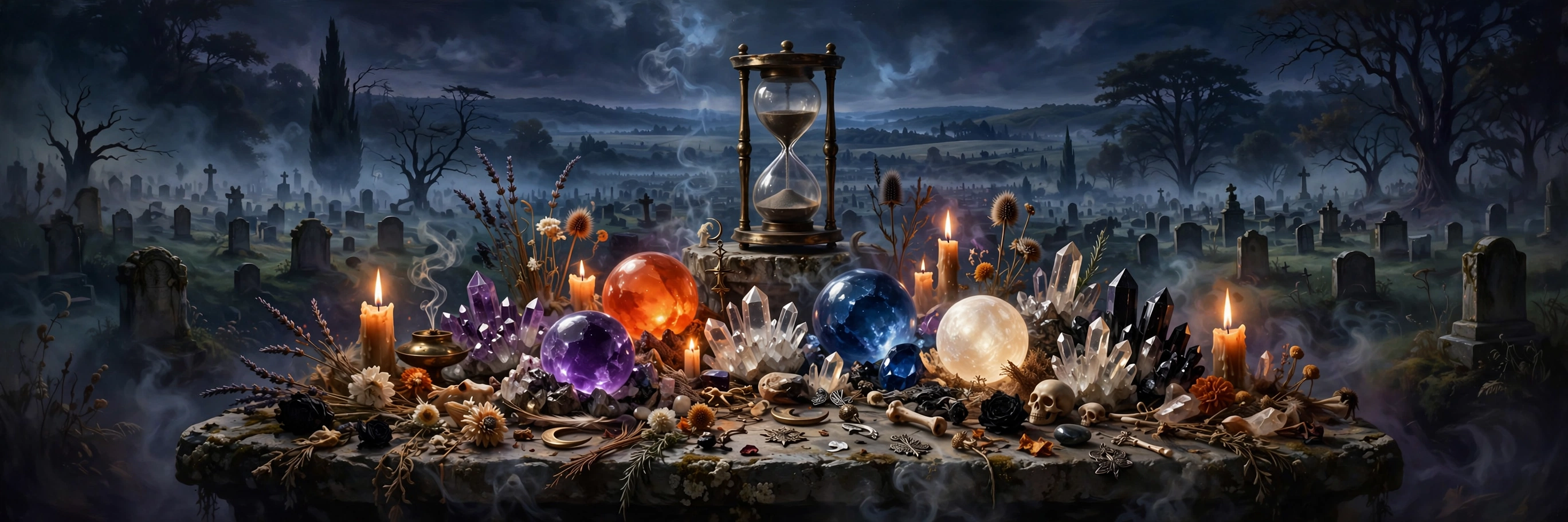 Birthstones and old coins laid across a weathered altar cloth, candlelight catching the mineral kingdom