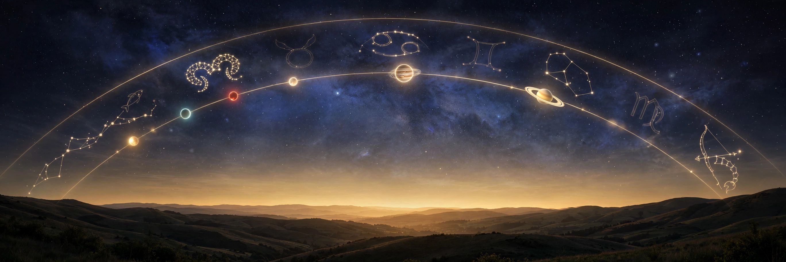 A night sky wheel of stars and planets over a dark horizon, charting the movements above