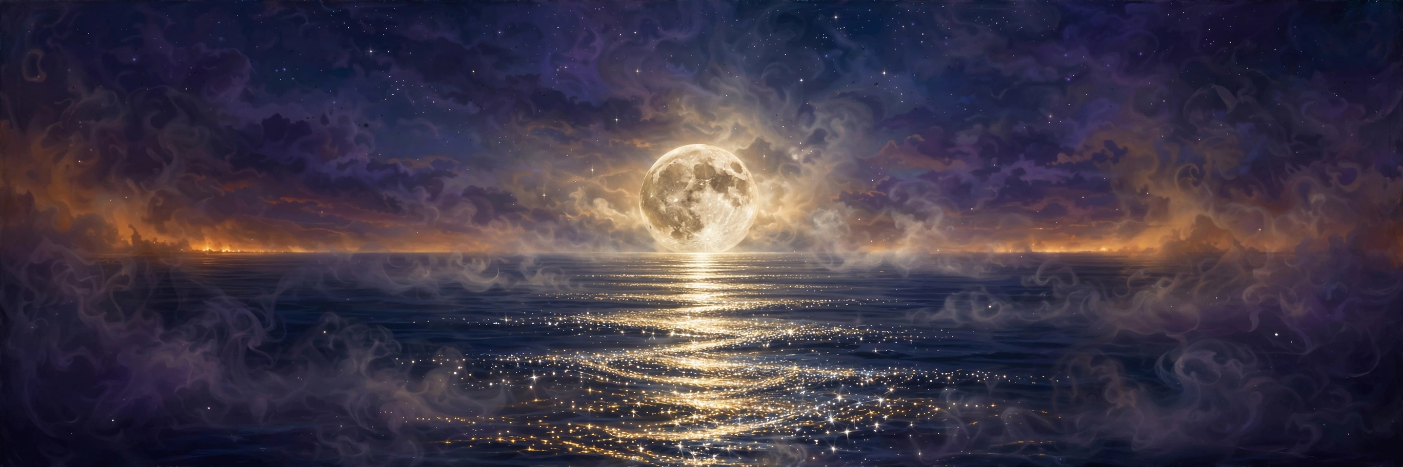 A brilliant full moon rising low over dark water, its light breaking into gold and silver across the waves