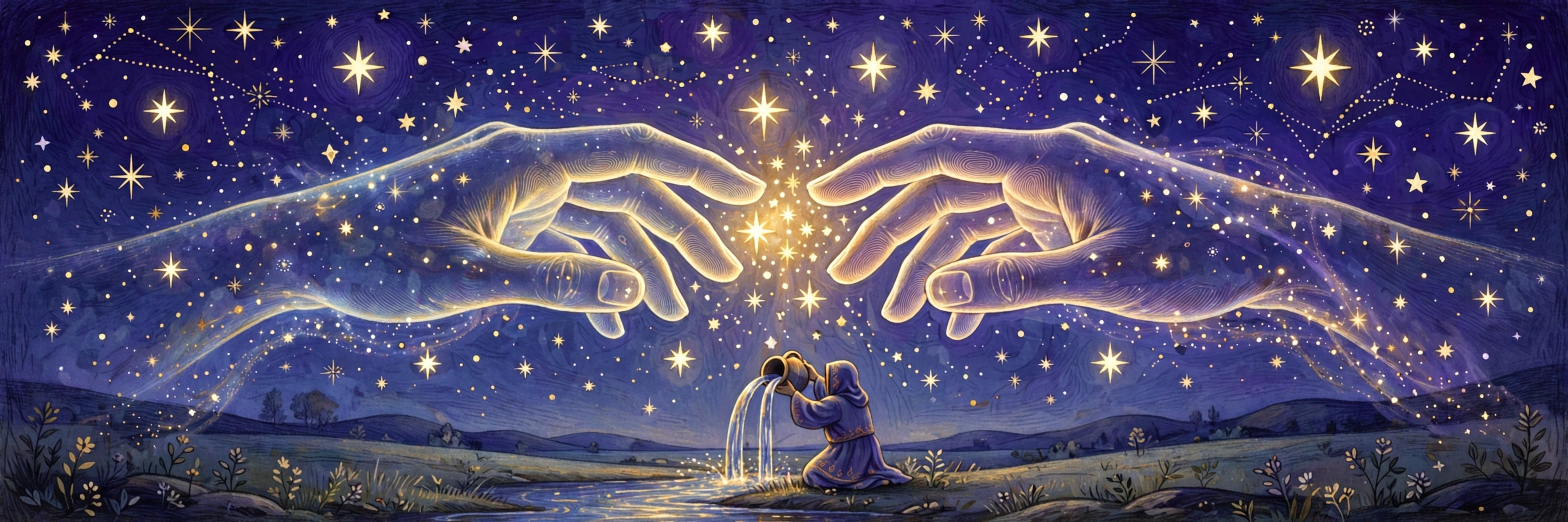 Two hands with different fingerprints reaching toward a shared field of stars