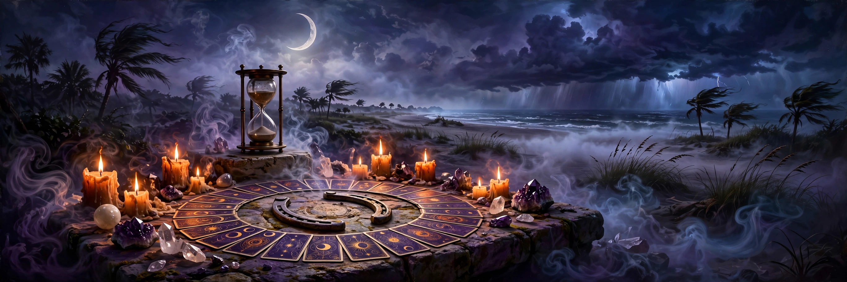 A horseshoe-shaped arrangement of tarot cards with one card set apart, waiting to be turned