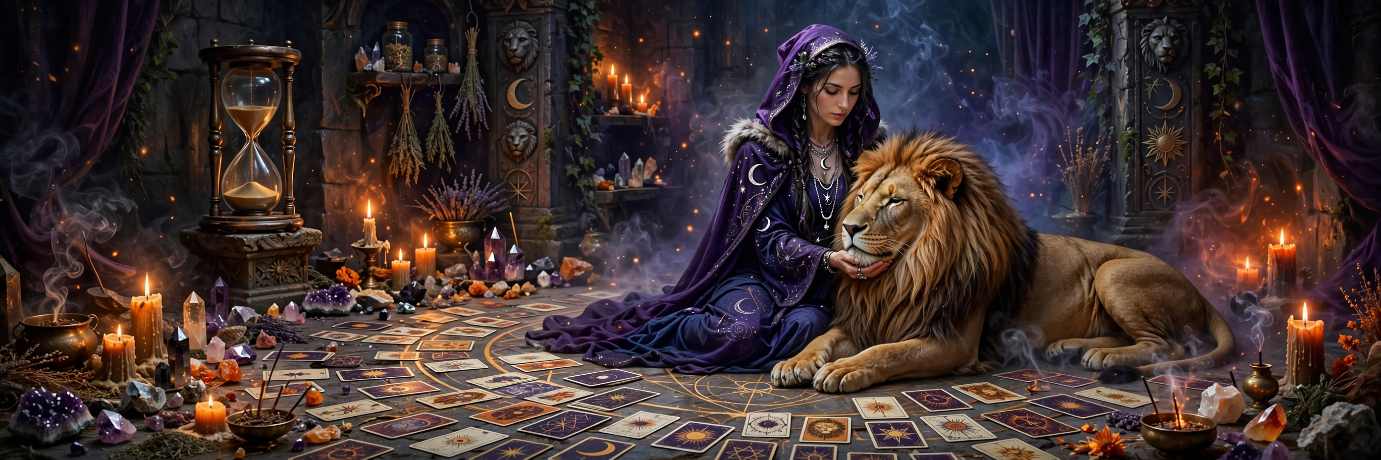 The Star card, a lion and a field of stars, fire and foresight