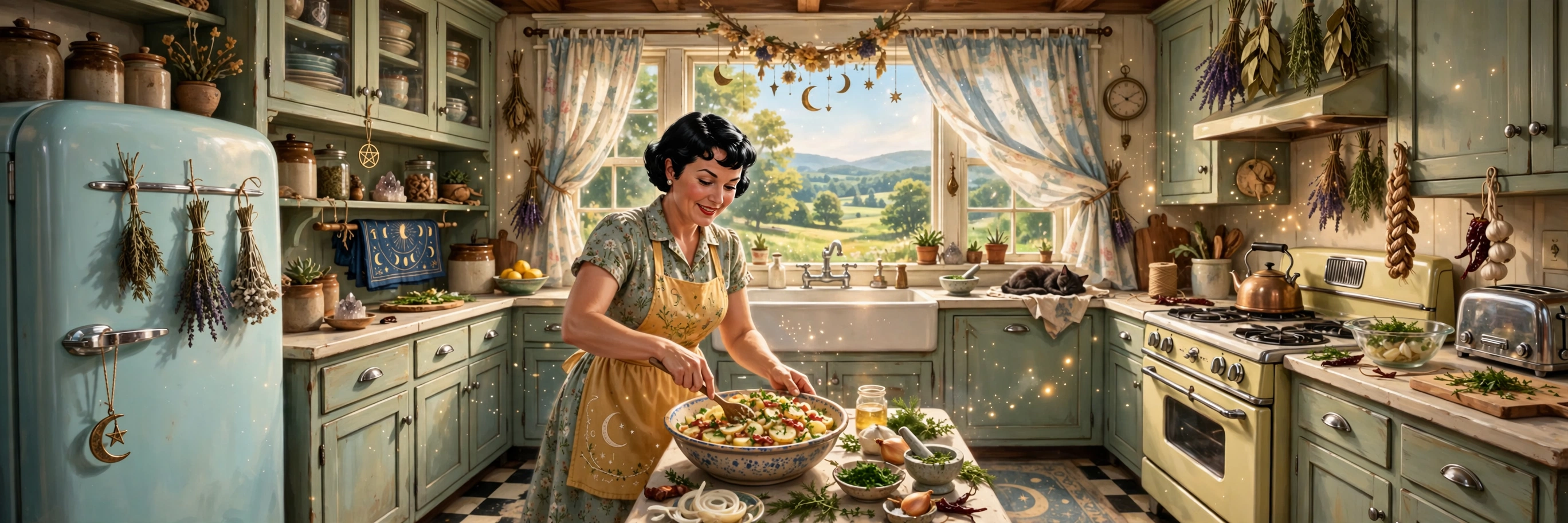 Warm bowl of German potato salad on a family table