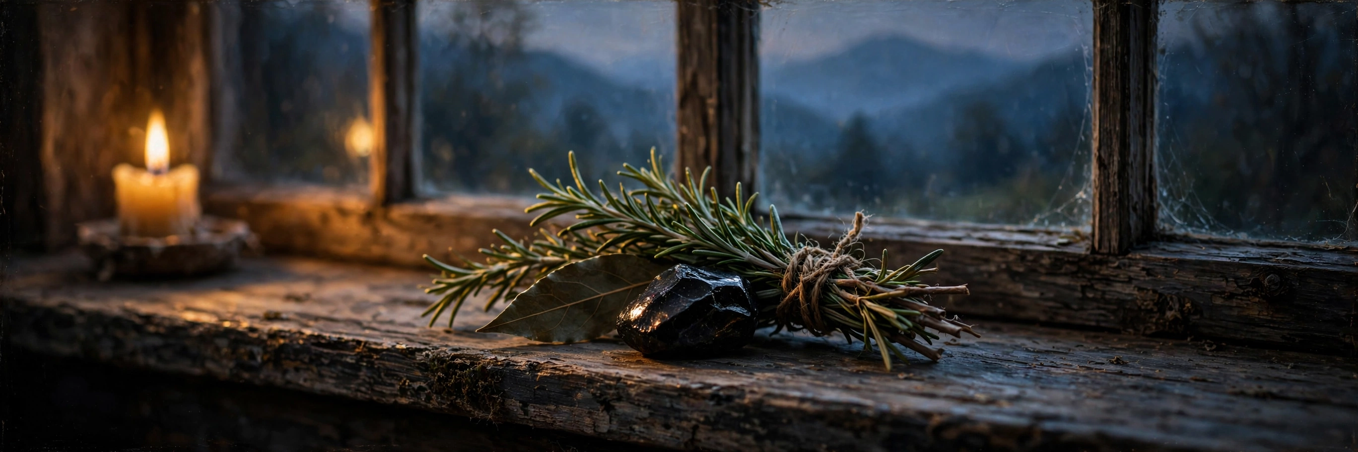 Rosemary, a dark protective stone, and a bay leaf gathered for a protection charm
