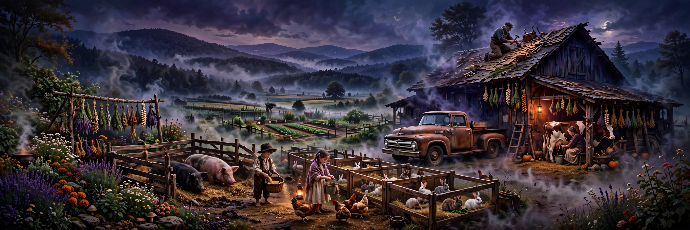 Old farmhouse and barnyard at dusk, an Appalachian family tradition of naming things