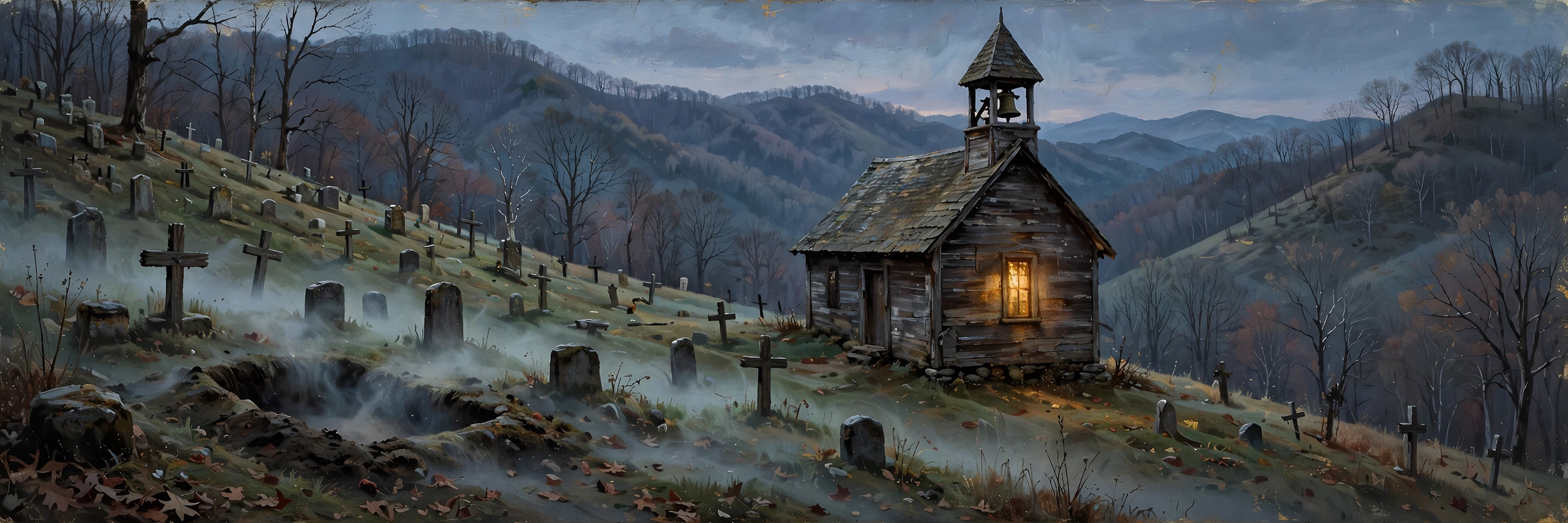 An old mountain church and graveyard at dusk, the world before funeral homes