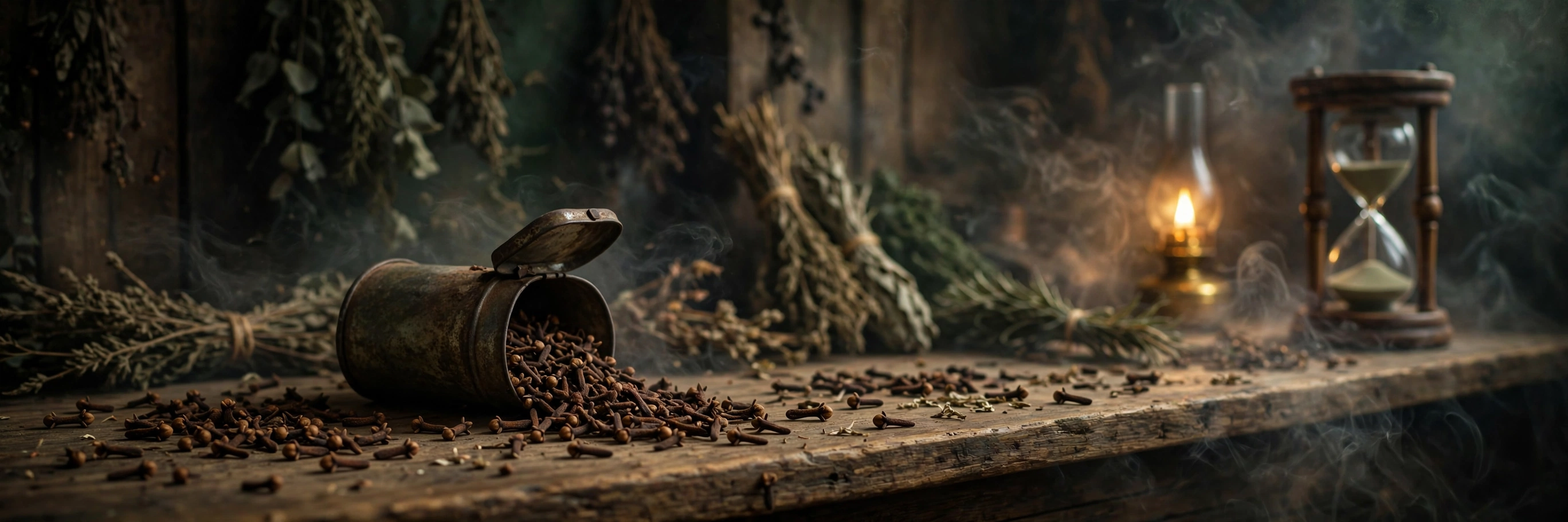 Dried whole cloves scattered across a wooden counter