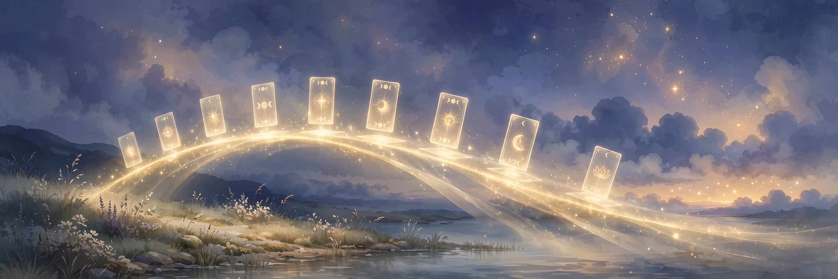 A bridge of light unfolding across the night sky, cards resting along its path