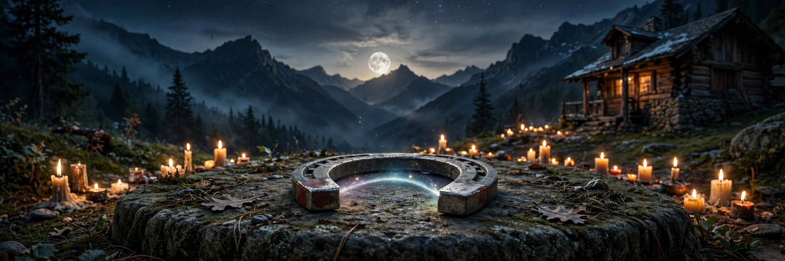 A horseshoe magnet resting on an altar cloth, catching candlelight at both ends