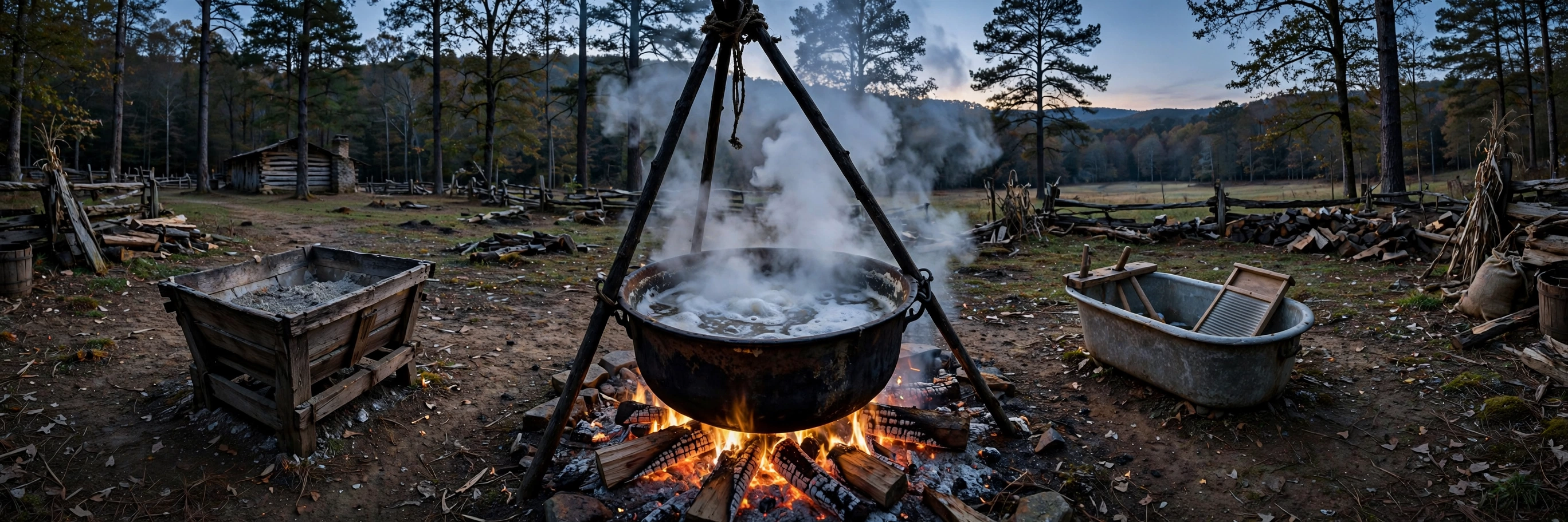 An iron cauldron of soap simmering over an outdoor fire in an Appalachian yard