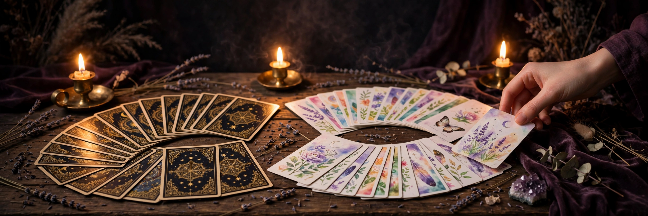 A reader's hands laying out a spread of oracle cards beside a tarot deck