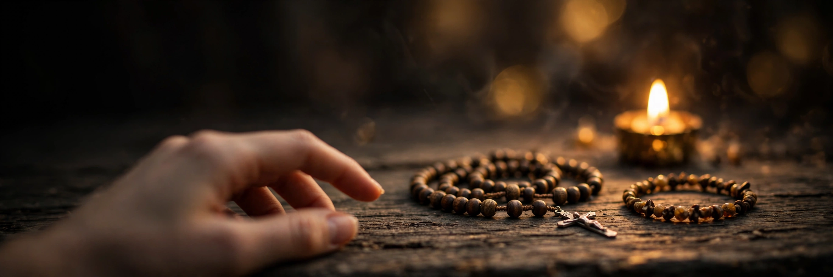A plain beaded bracelet resting loose on a dark wood table, a hand mid-motion in soft candlelight