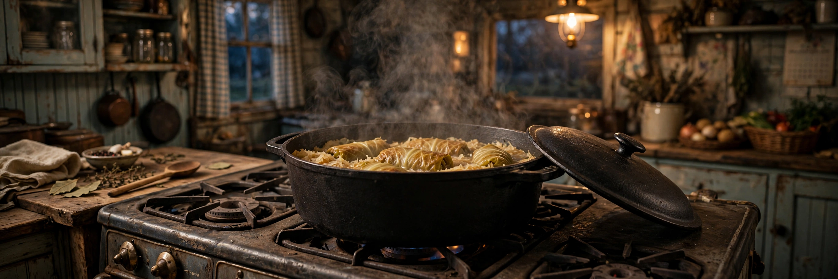 A pot of stuffed cabbage rolls simmering on the stove
