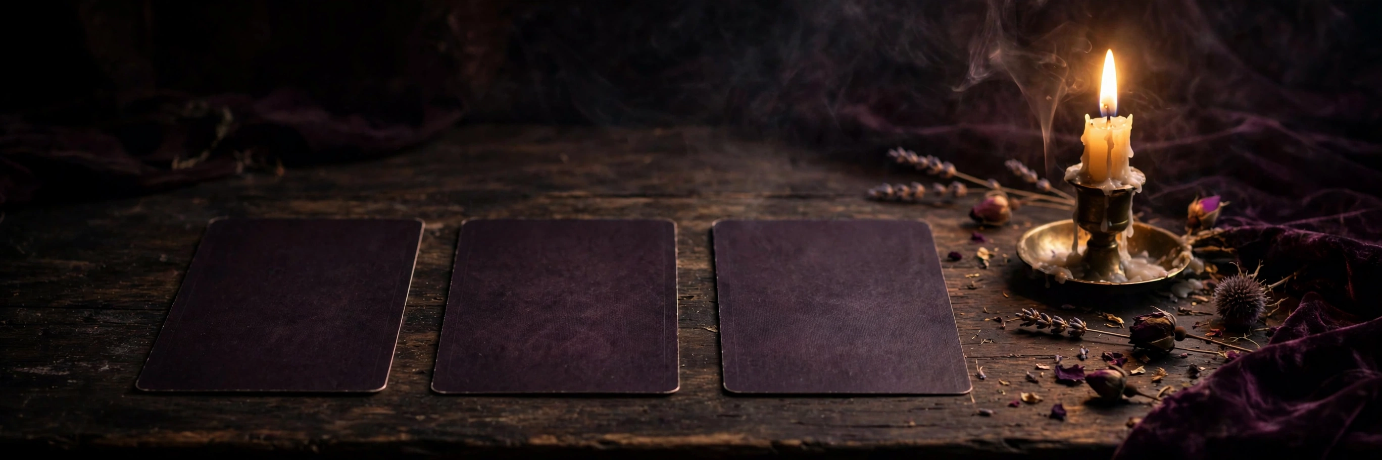 Three tarot cards laid in a simple row on a dark table beside a single candle