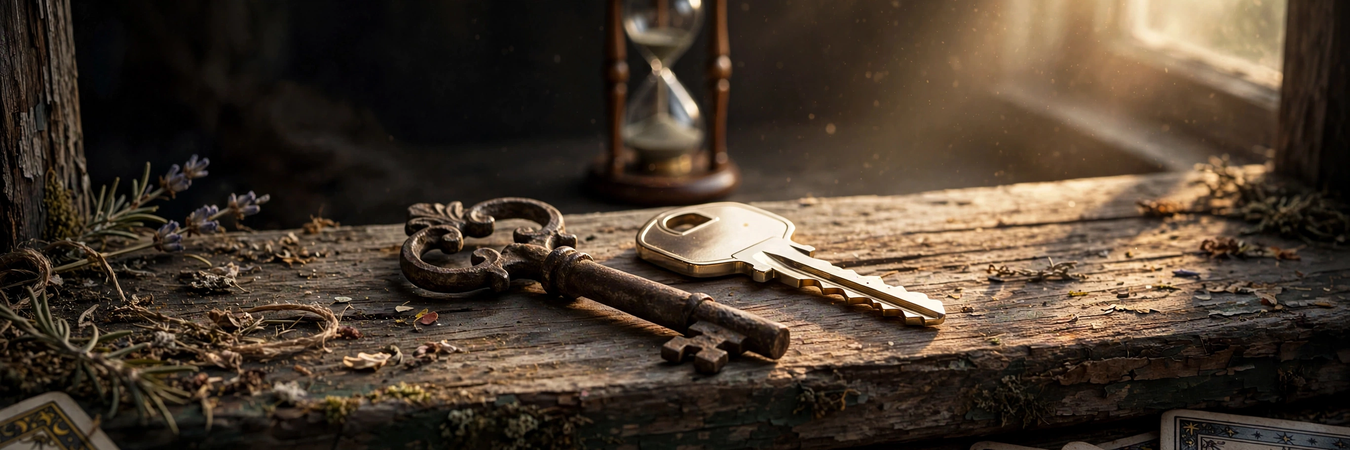 An old worn key and a bright new key laid together on a windowsill catching the light