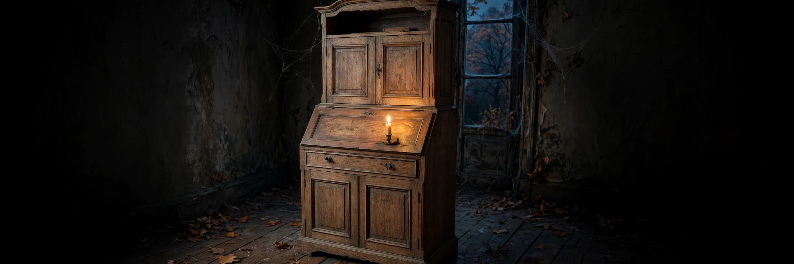An old drop-leaf desk with French legs standing alone in dim light, the kind of desk a family might call by name