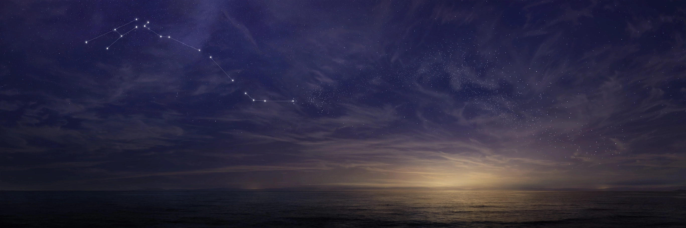 A deep purple night sky over still water, Scorpio stars giving way to a wider, opening horizon