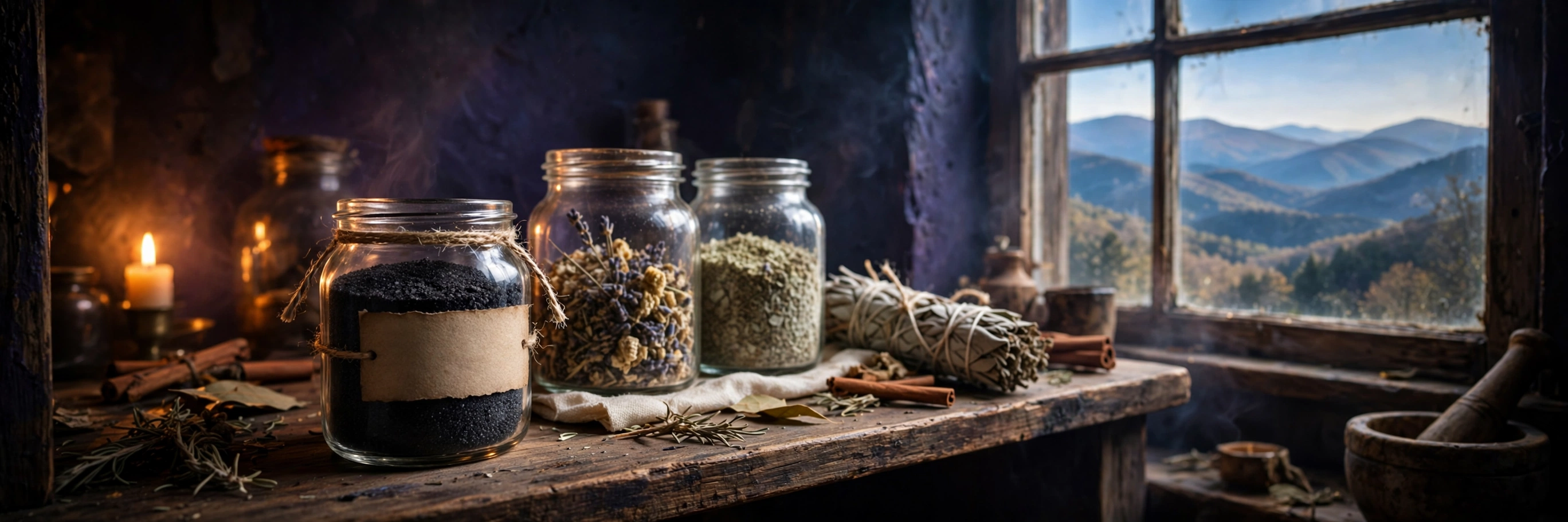 Finely ground black salt in a small glass jar sitting on a dark surface, made the traditional way with iron and fire ash -- the hoodoo witches salt used for protection, banishing, and holding a threshold against unwanted energy