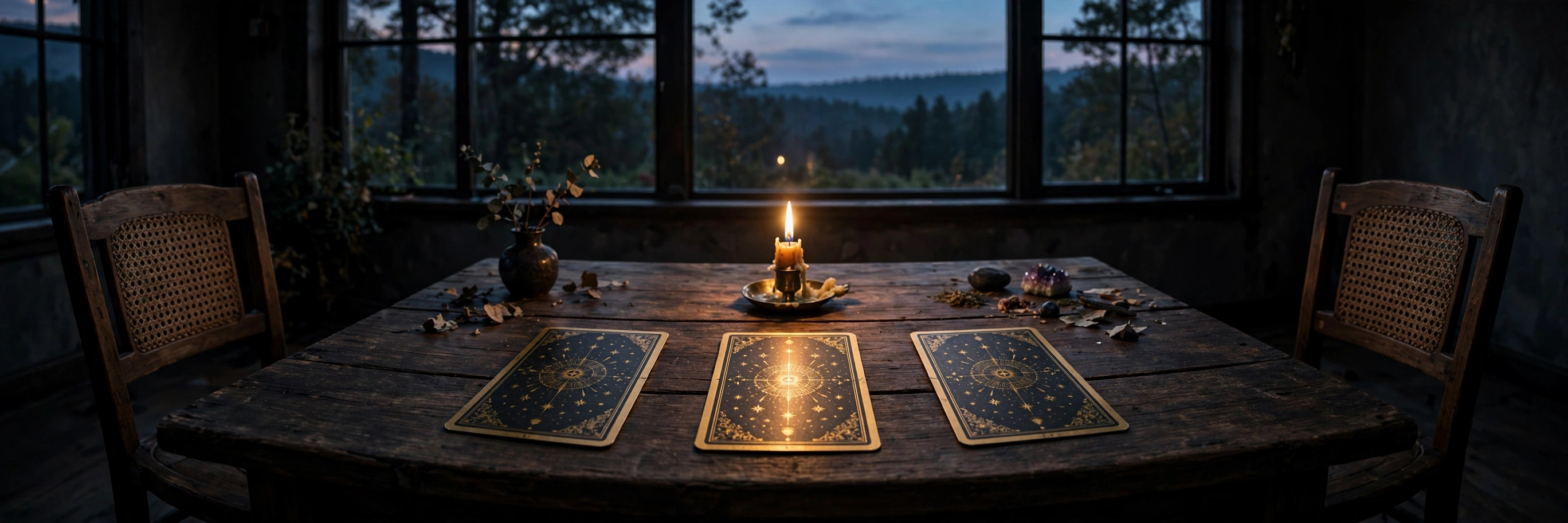 Three tarot cards laid in a row before an empty chair with candlelight catching the gold edges, representing the Meeting Check spread for reading yourself and another person before an important conversation