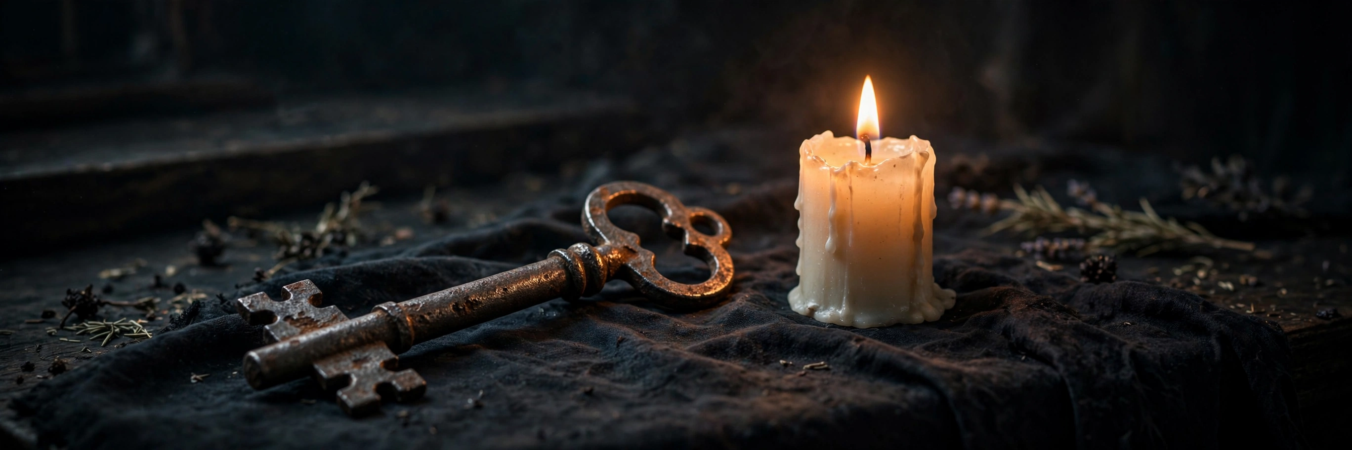 An old iron skeleton key resting beside a lit white candle on a dark altar cloth — used in an ancestor calling ritual from Appalachian folk magic tradition