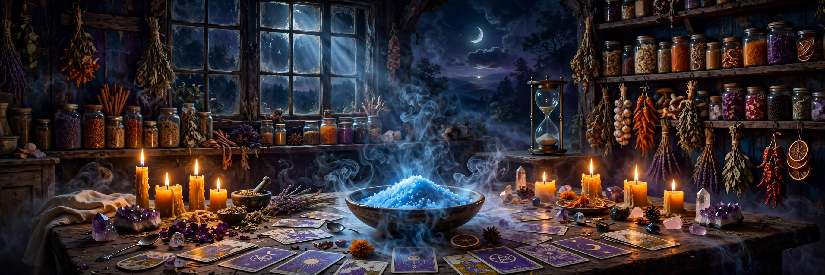 Soft blue-tinted witches salt in a glass bowl, colored with crushed dried forget-me-not petals, used in folk magic for peace, protection from the evil eye, calming a restless mind, and aiding sleep