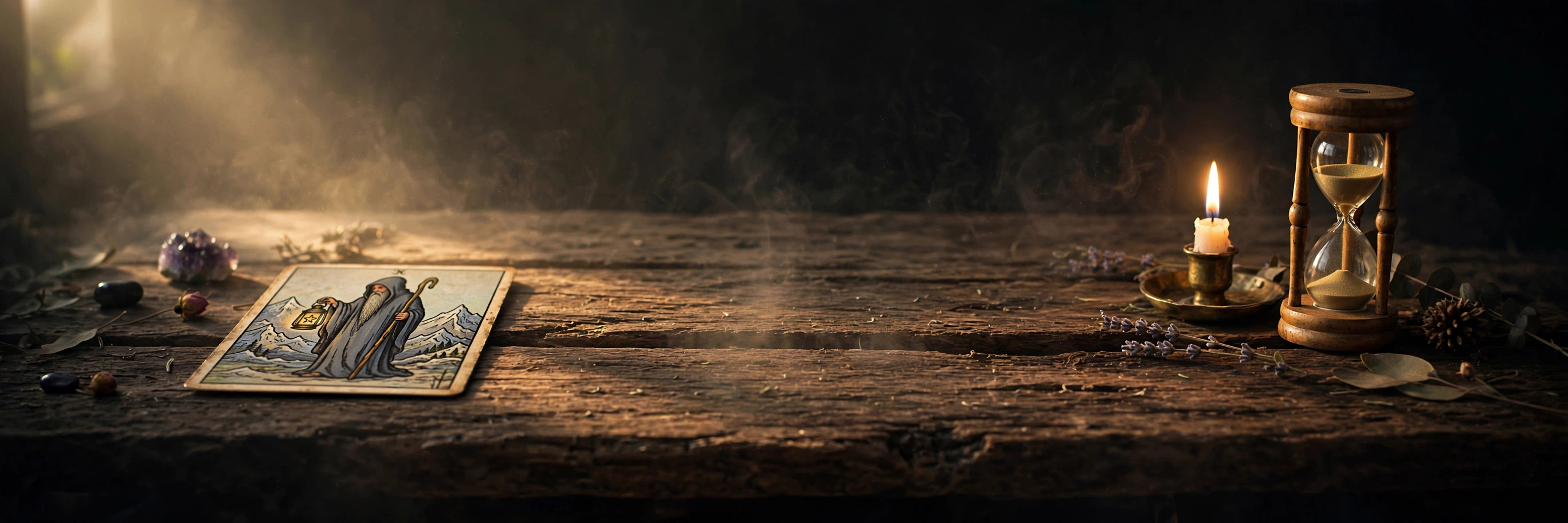 A single tarot card resting face up on a worn wooden table in soft early morning light, representing a daily one-card tarot practice for beginners