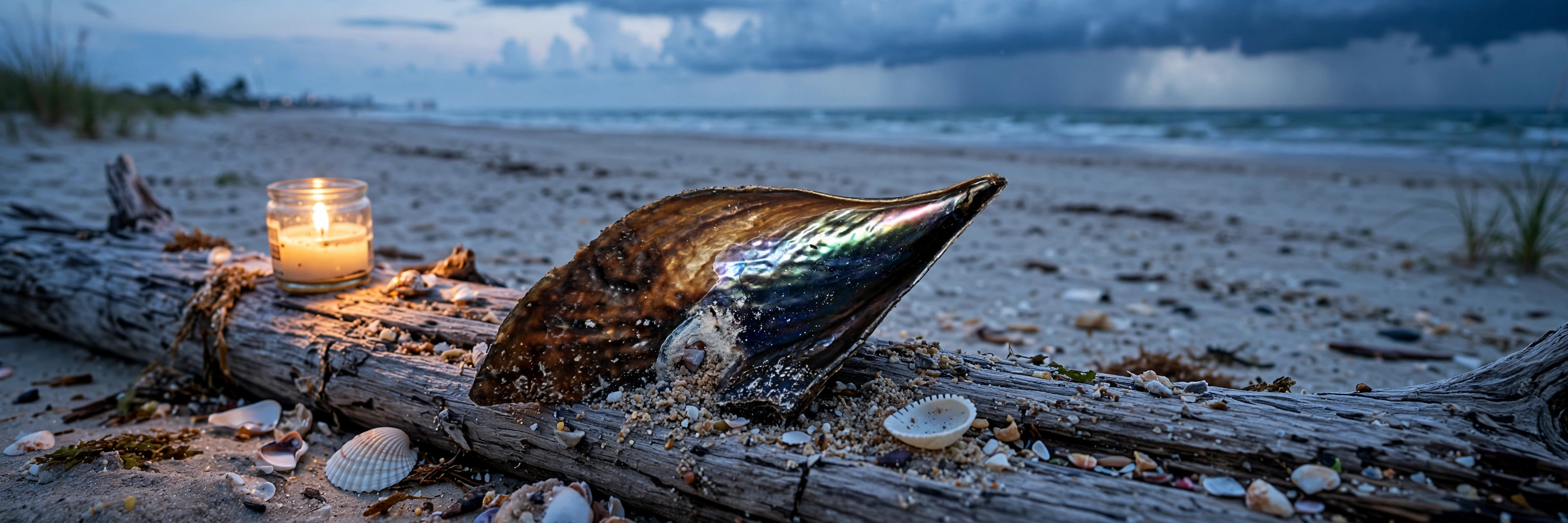 A dark rough triangular pen shell on weathered driftwood catching a sliver of rainbow iridescent light, dim golden altar candle glow, storm-tossed Florida shoreline