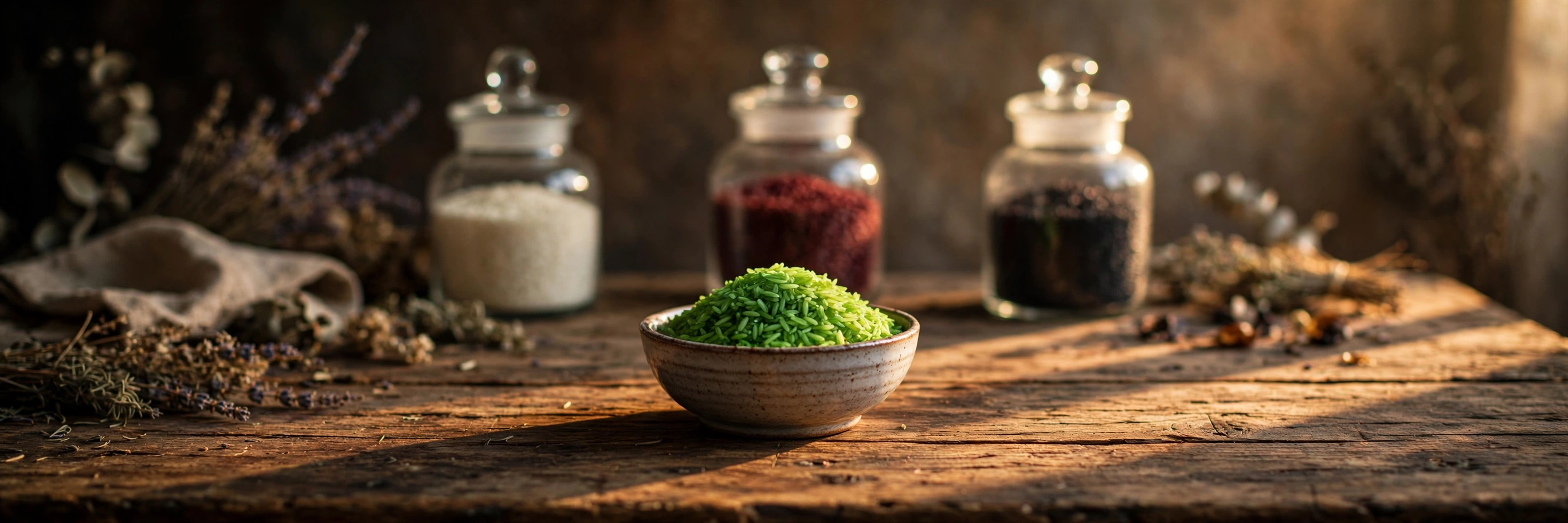 A bowl of green-dyed rice on a wooden table for money-drawing folk magic, with apothecary jars of white and red rice nearby