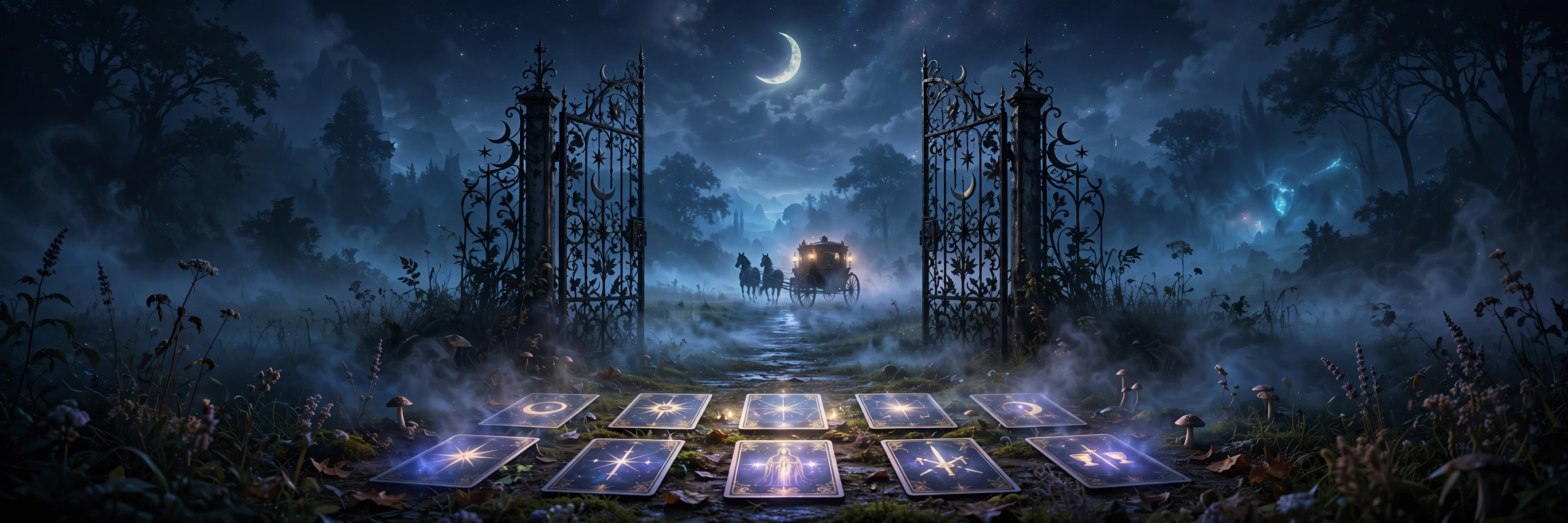 A moonlit gate standing open at night beneath a crescent moon with tarot cards arranged in three rows before it, representing the Dream Gate tarot spread