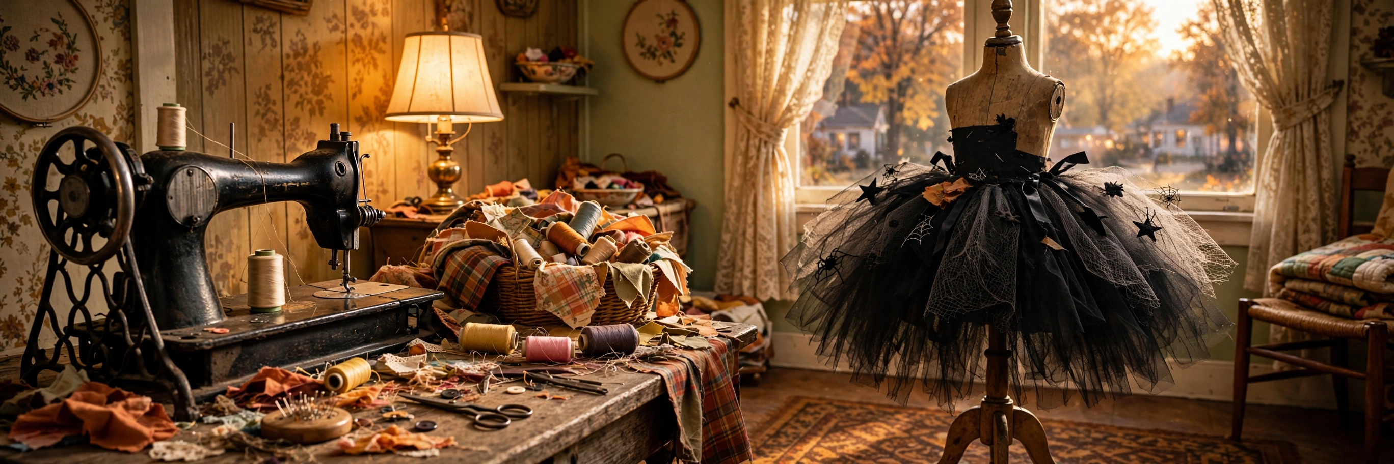 A handmade net-skirted princess Halloween costume draped over an old pedal sewing machine, warm golden lamplight, 1960s small-town autumn evening feel — Tarot Beach Hierophant chapter on old ways and tradition