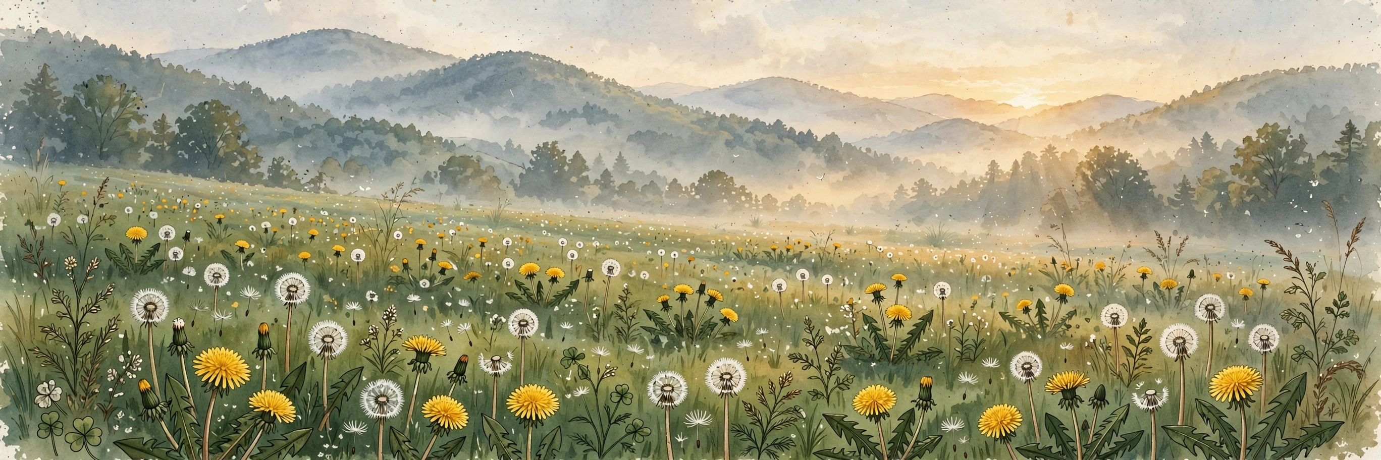 Golden dandelions and drifting seed heads in the morning light
