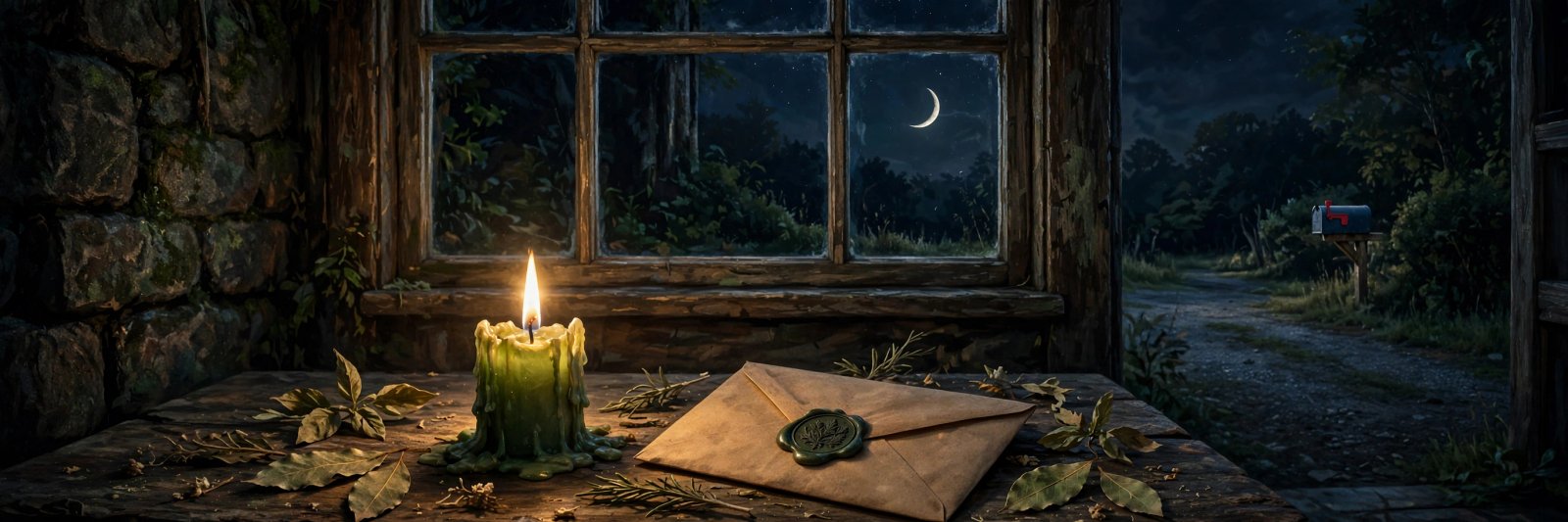 Green candle and sealed letter under a dark new moon, seeds of career change