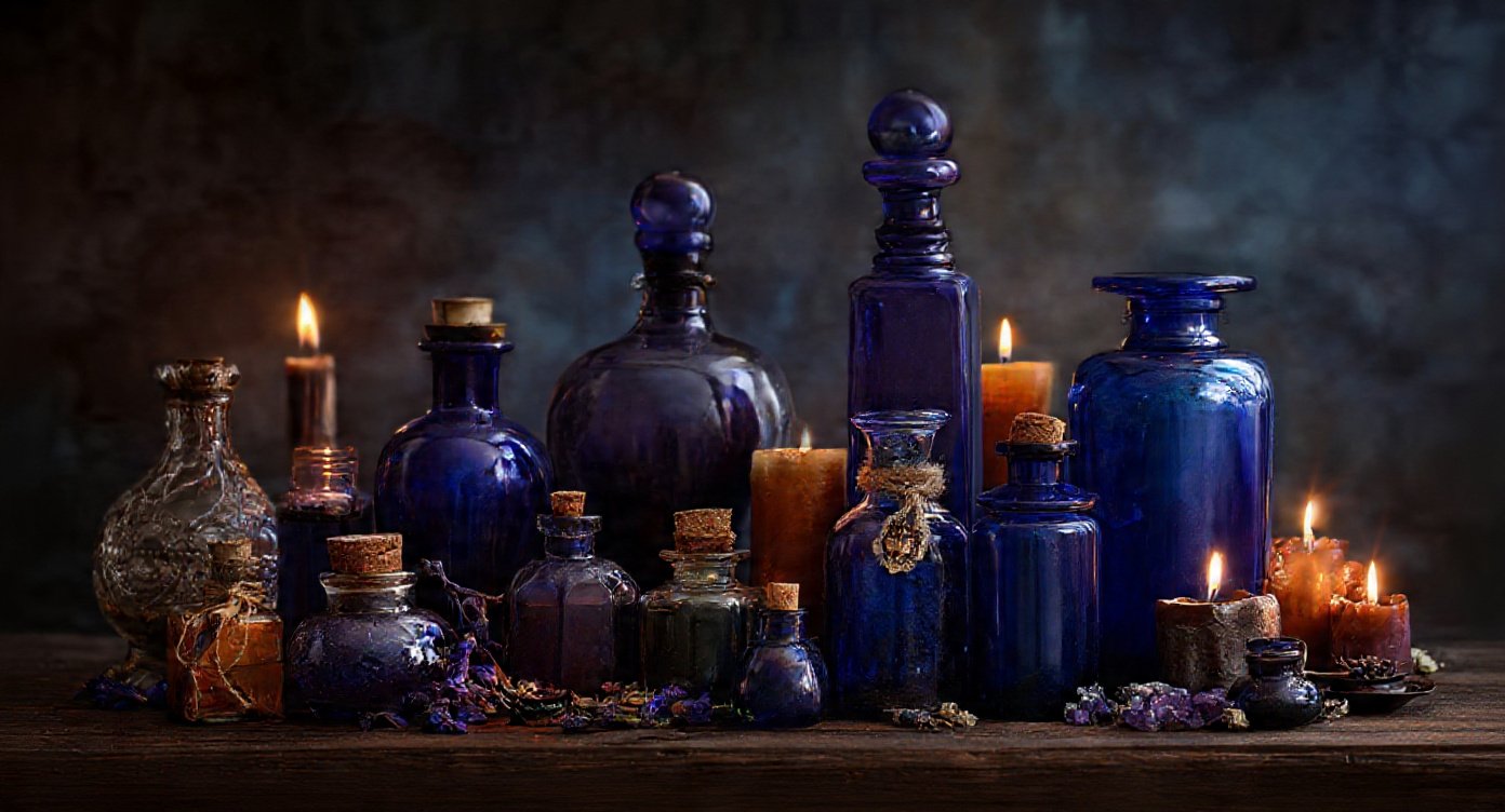 Cobalt blue bottles glowing with an ancient light