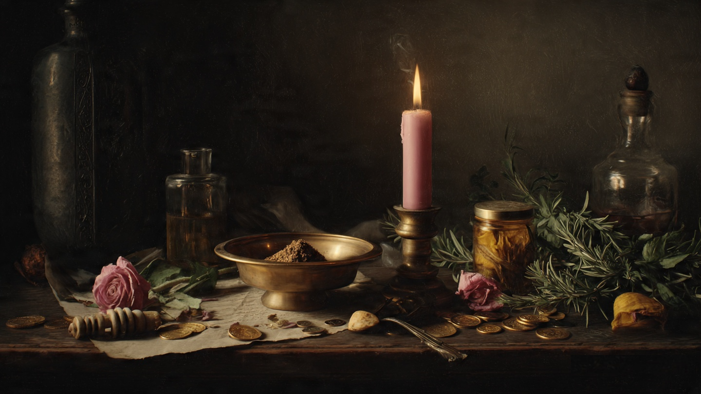 Candlelight and herbs gathered for a First Friday ritual