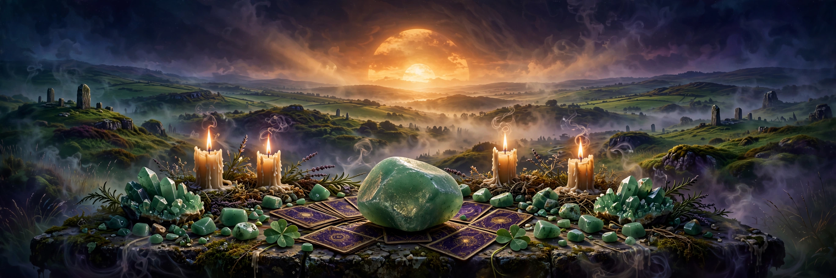 Green Aventurine stone glinting on a mystical altar, the stone of opportunity